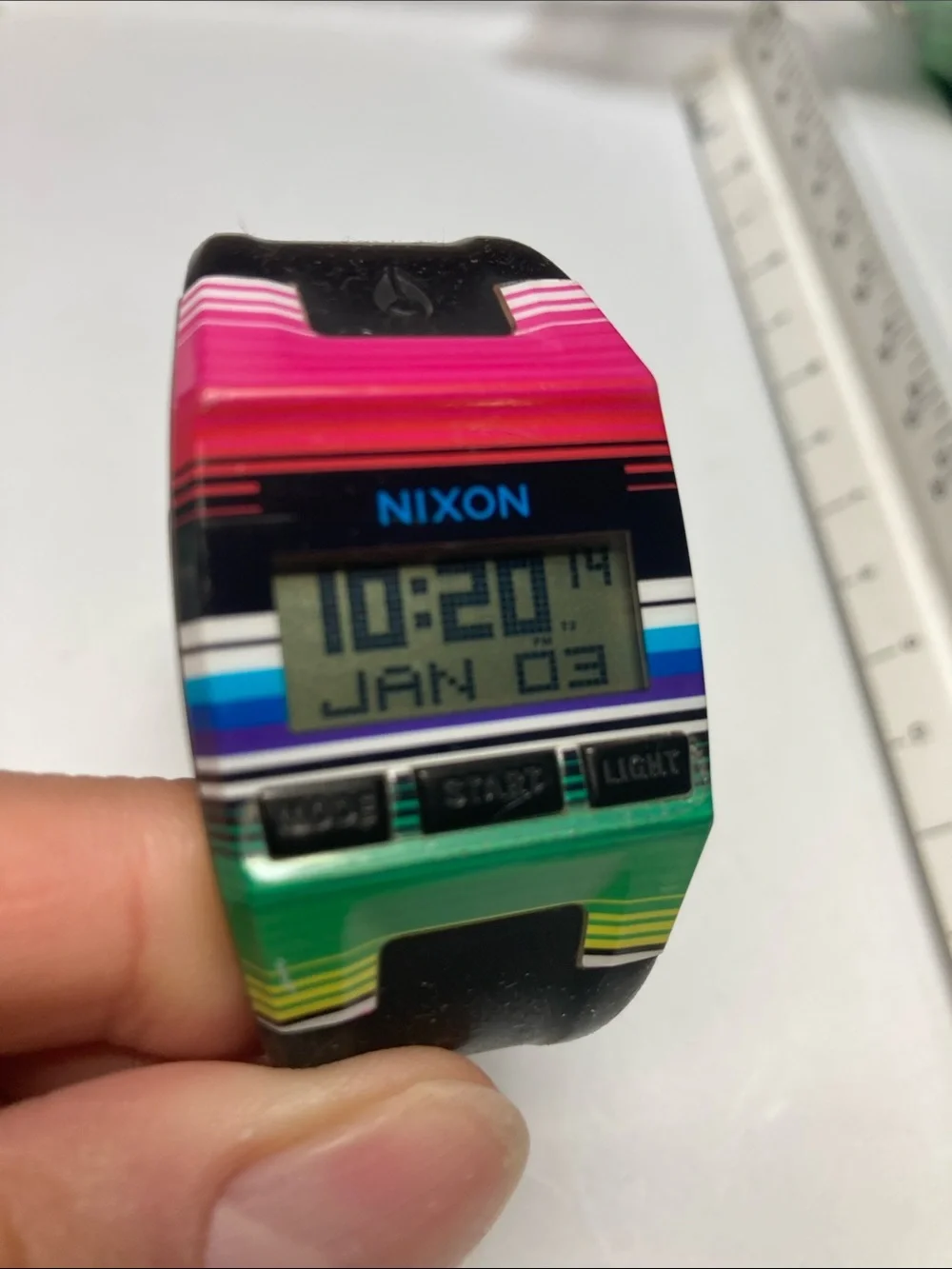Nixon The Comp S, Digital Watch - Pink, Green & Black Stripes, new battery